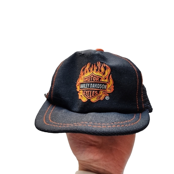 HARLEY DAVIDSON x VINTAGE 80's flame emblem trucker hat mesh cap baby - Picture 3 of 10